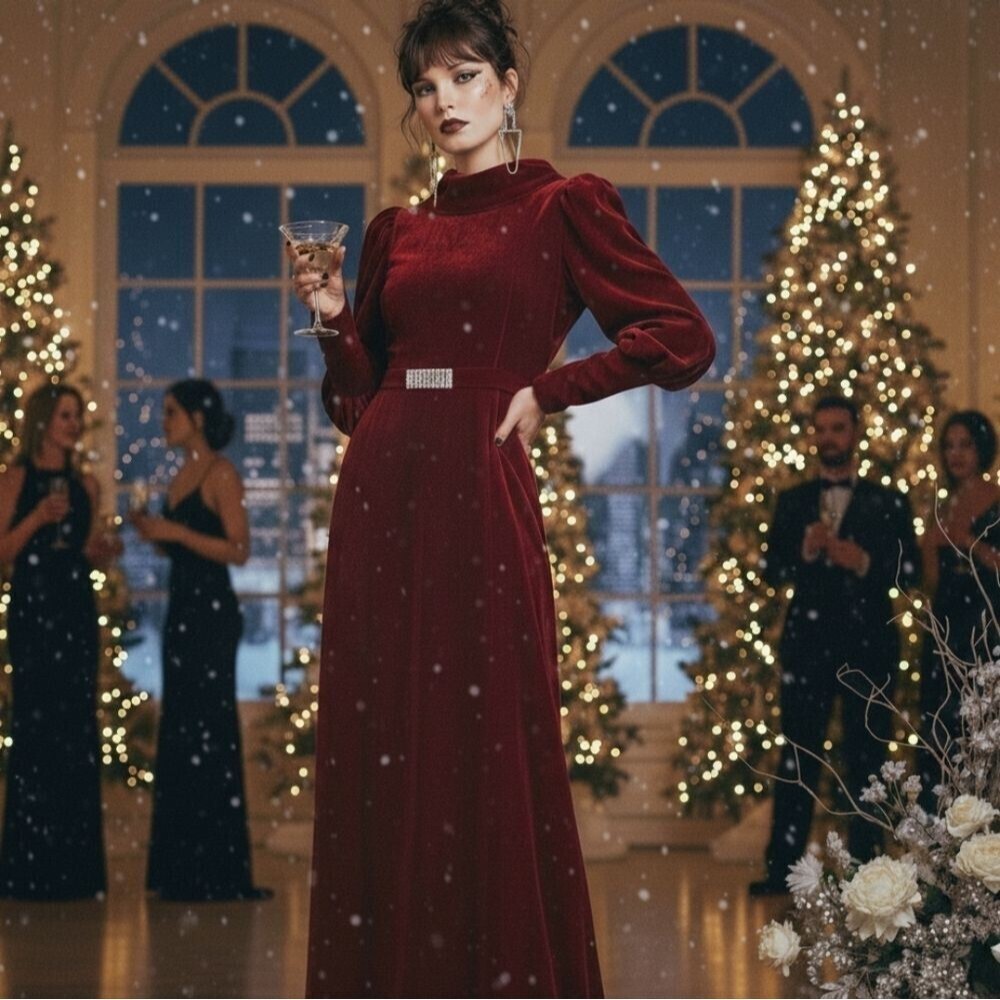 Vintage 1930s-1940s Red Velvet Full-Length Gown